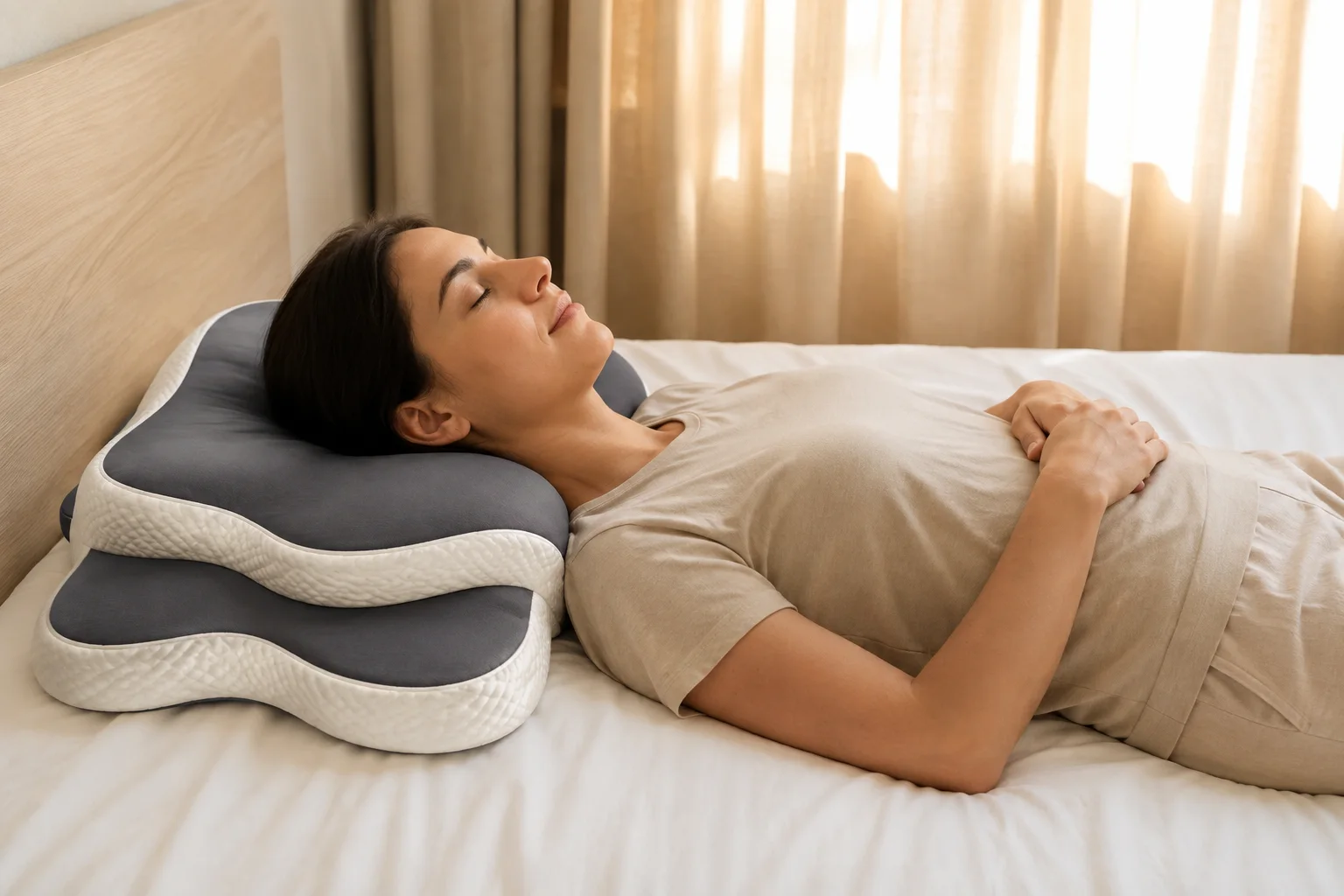 A woman lying on the Cradleform pillow: the head rests in the central hollow, the neck stays in line with the back