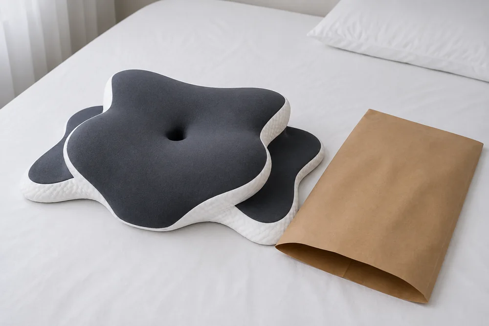 The memory foam pillow out of its packaging, on a bed