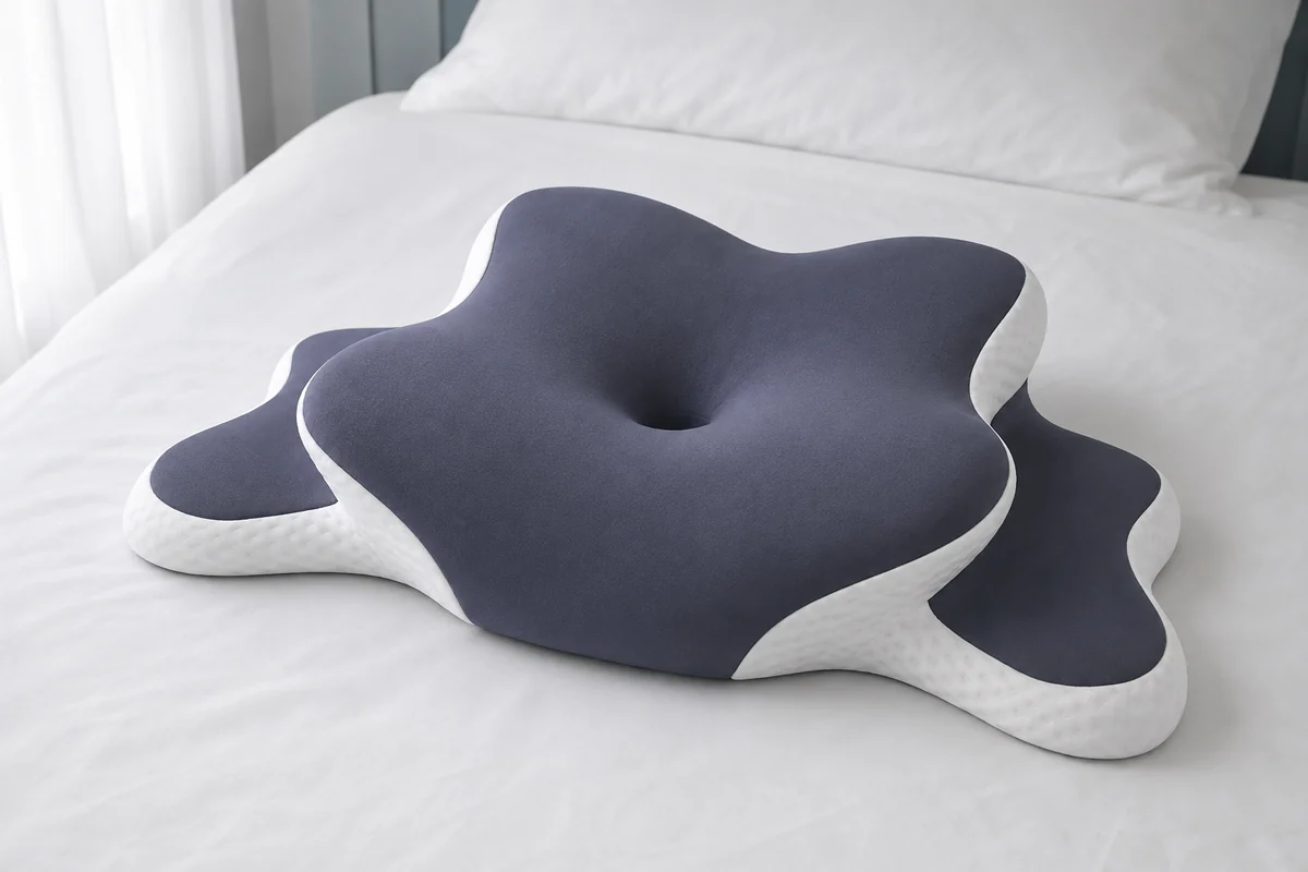 Cradleform memory foam pillow on a bed, central hollow, raised wings and side flaps visible