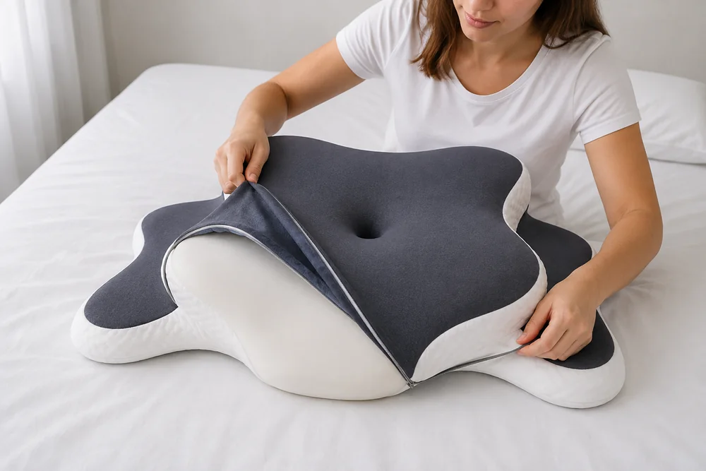 Two hands lifting the gray knitted cover off the pillow, exposing the white foam core