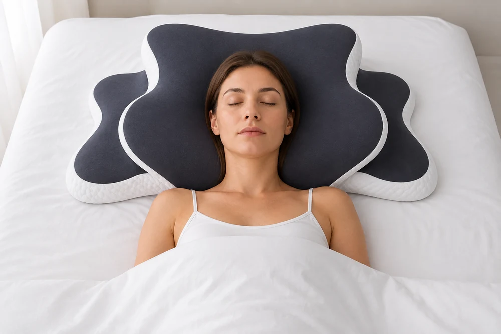 A sleeper on her back, head resting in the central hollow of the Cradleform pillow