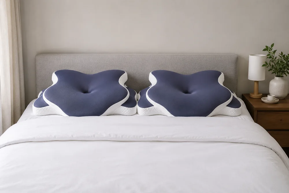 A made double bed with the pillow in place