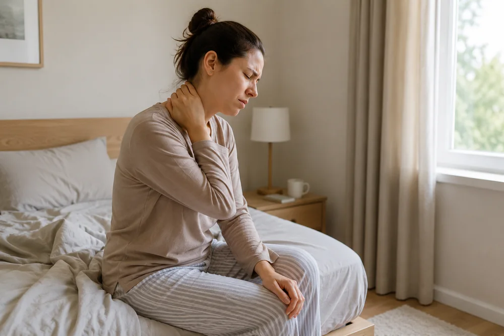 Morning stiffness: a hand on the side of the neck on waking