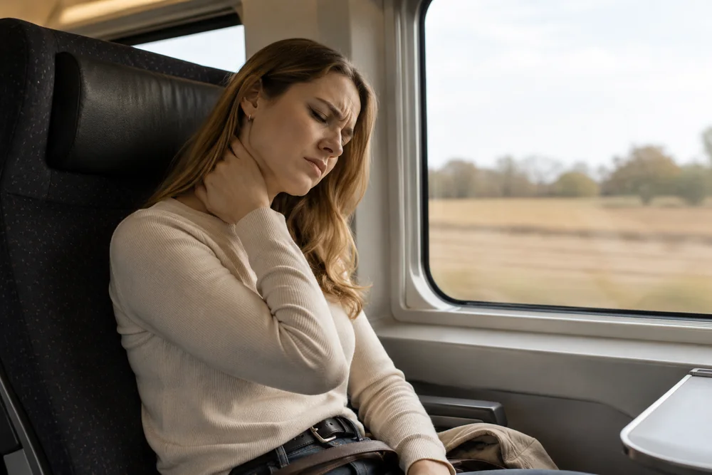 A passenger in a car seat with the head supported rather than tipped sideways