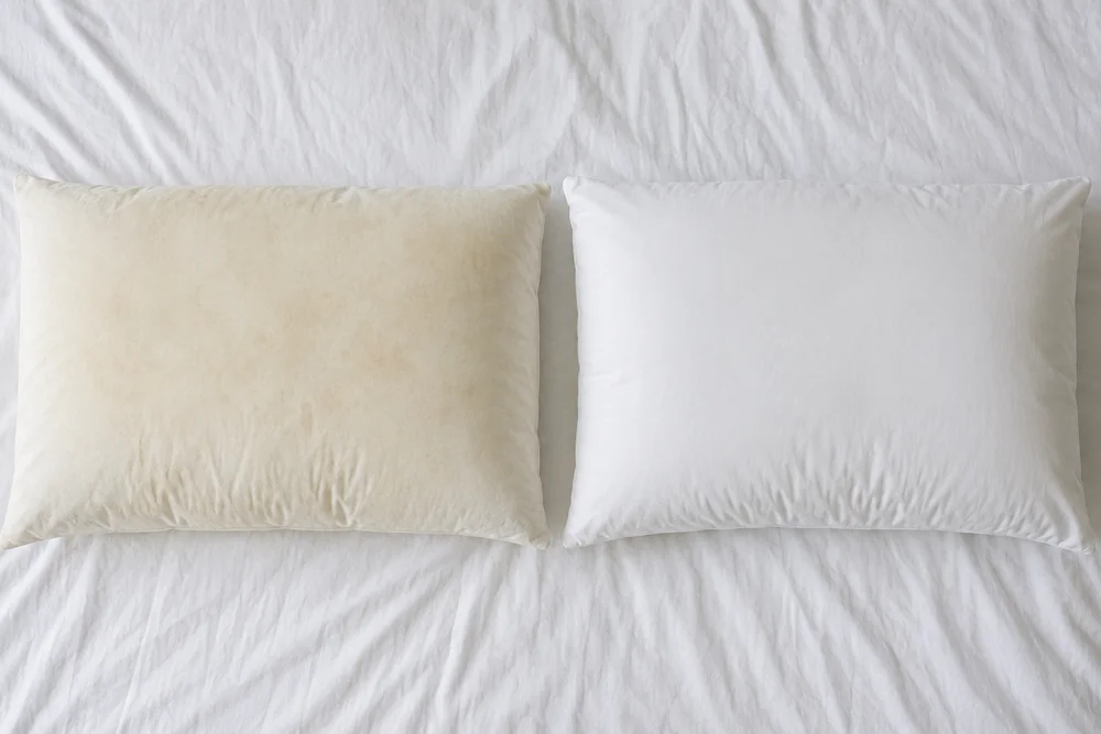 An older pillow with visible yellowing where the head rests