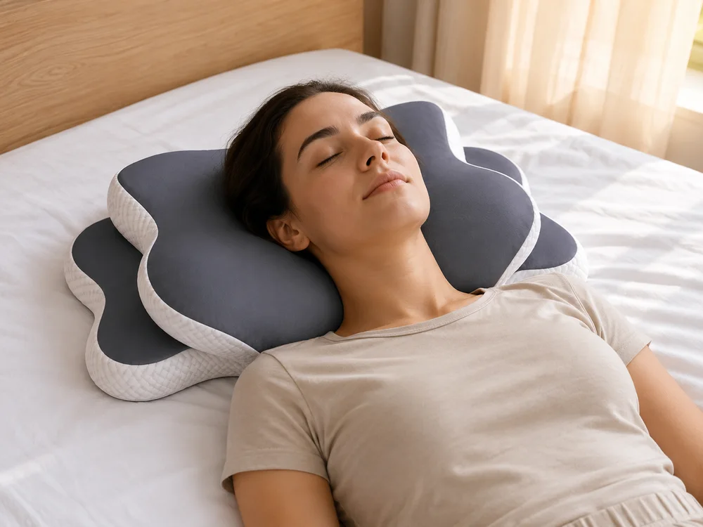 Cradleform memory foam pillow under the neck of a sleeper lying on her back