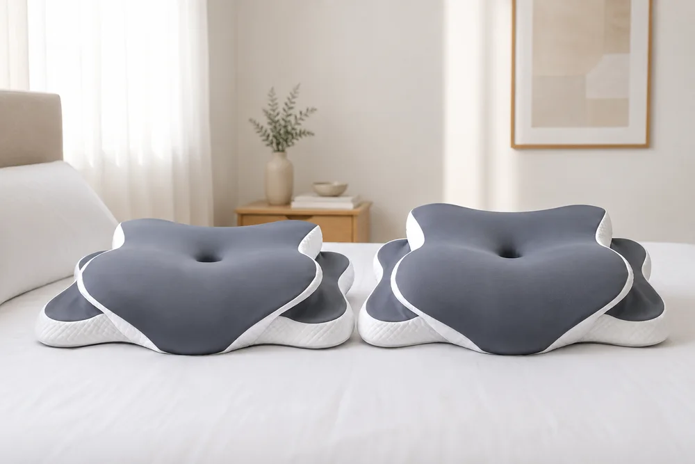 The two heights of the Cradleform pillow: the lower contoured side and the raised side