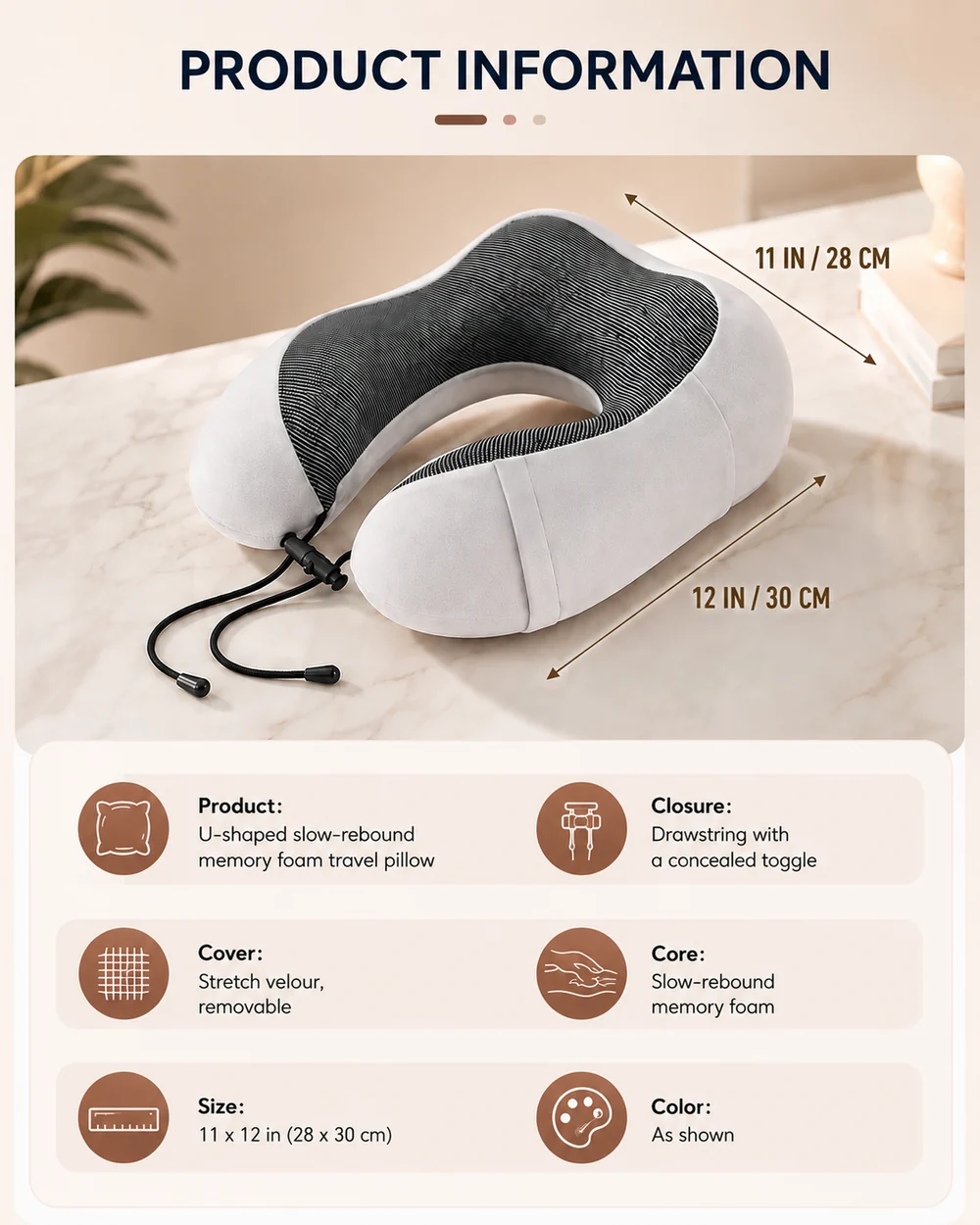 Features of the Cradleform travel pillow: cover, core and dimensions