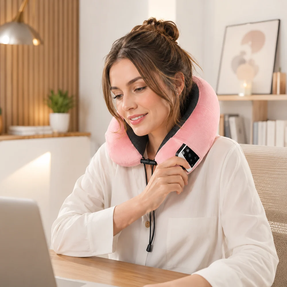 The Cradleform travel pillow worn around the neck, seated