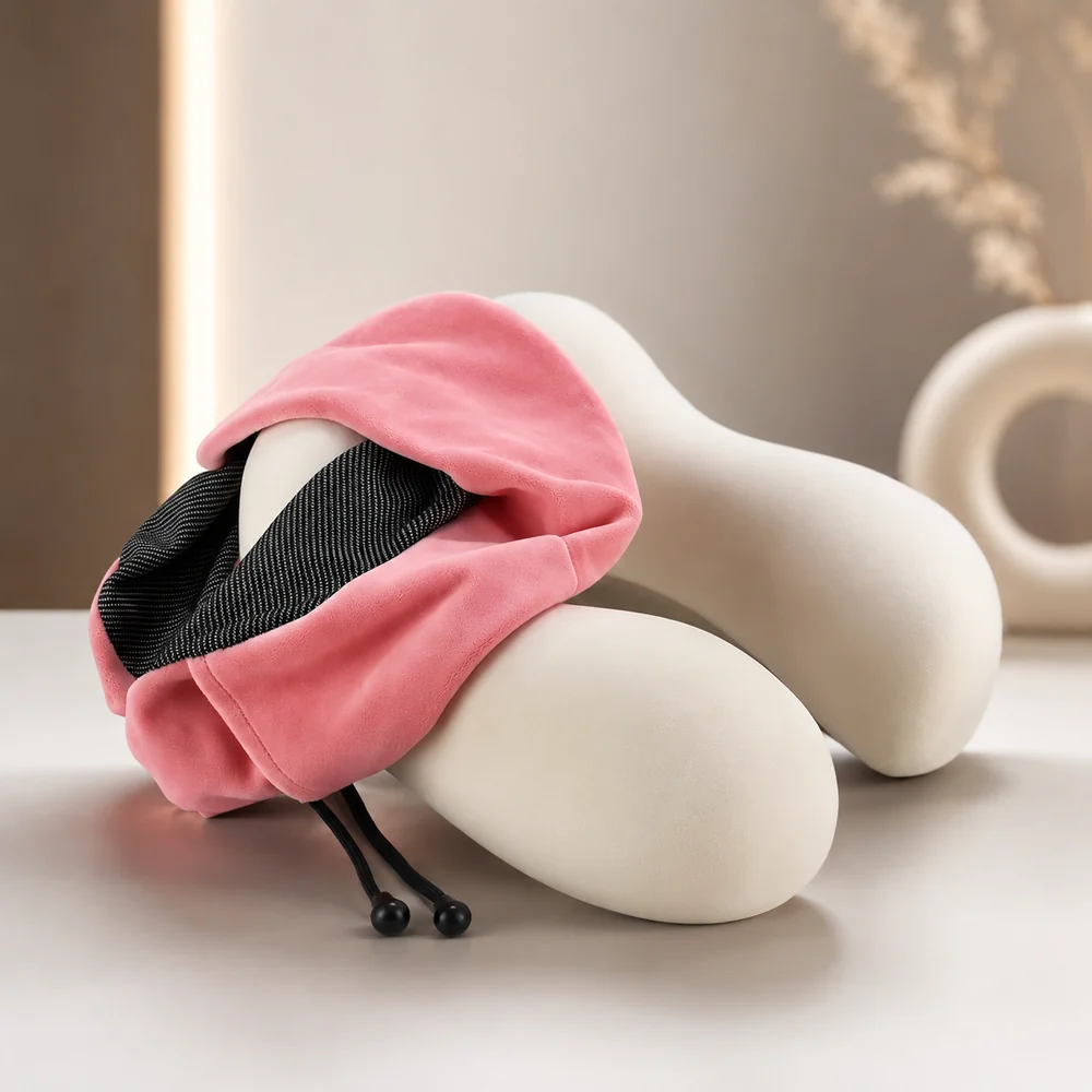 The removable cover of the Cradleform travel pillow and its foam core