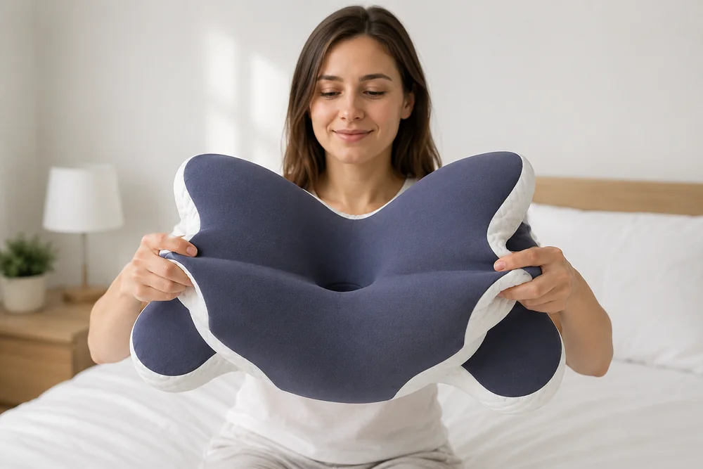 The pillow folded in half and released: it springs back, the sign of firm foam that has not packed down
