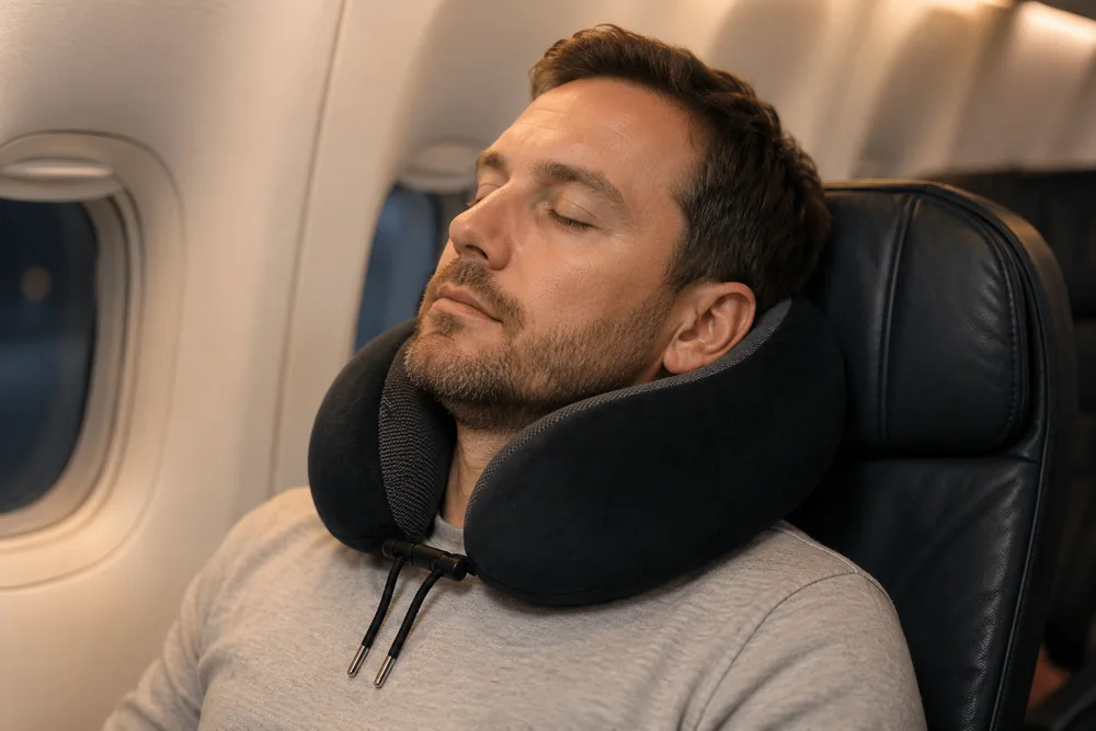 U-shaped travel pillow worn around the neck in an aircraft seat